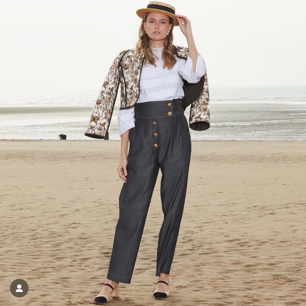 Anna Mason Karl Pleated High Waist Cotton Chambray Trousers Gold Buttons US4
